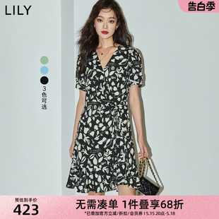 抽绳印花中长款 LILY2024夏薄荷曼波新款 女装 泡泡袖 连衣裙小个子女