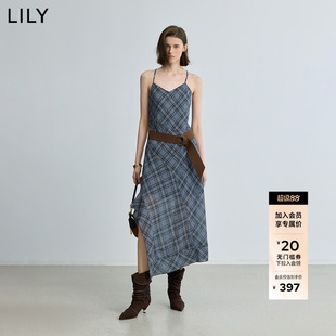 LILY2025夏新款女装格雷系气质格纹V领休闲通勤收腰吊带裙连衣裙