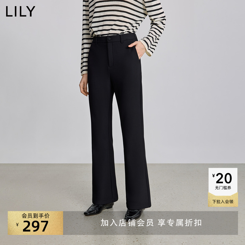 LILY2025冬新款复古修身加绒四面弹中高腰黑色微喇裤休闲裤女长裤