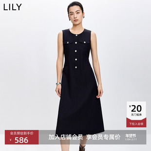LILY2026春新款女装复古小香风无袖圆领收腰气质通勤仿牛仔连衣裙