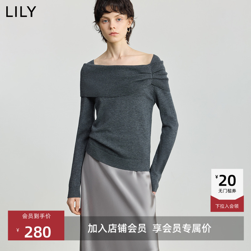 LILY羊毛混纺一字肩套头针织衫