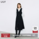 LILY2025冬新款 羊毛混纺经典 气质V领腰带黑色背心连衣裙百褶裙女