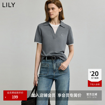 【商场同款】LILY2025新款女装复古假两件POLO领休闲短袖针织衫