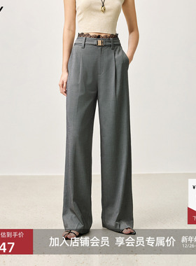 【商场同款】LILY2025格雷系蕾丝拼接竖条纹通勤灰色阔腿裤女