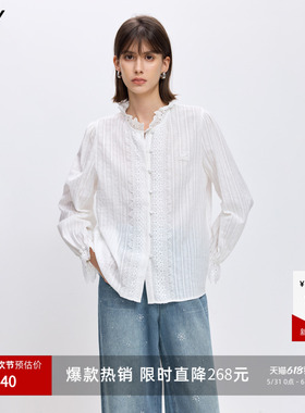 LILY2026春新款女装纯棉法式宫廷风立领上衣蕾丝衬衣白色长袖衬衫