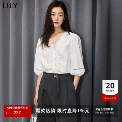 LILY通勤法式花边泡泡袖雪纺衫