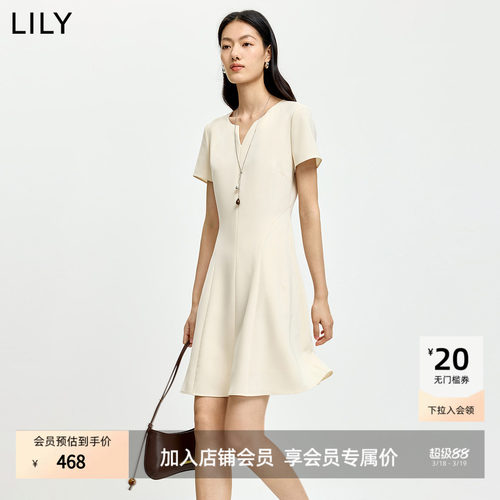 LILY2026夏新款女装简约纯色圆领V领收腰休闲通勤修身短袖连衣裙