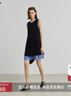 LILY2025新款女装法式气质通勤黑色A字背心裙拼接无袖连衣裙