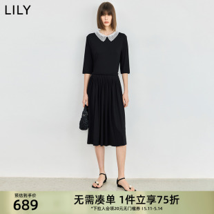 设计感撞色蕾丝领气质高腰显瘦连衣裙小黑裙女 LILY2024夏新款 女装