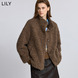 LILY2025冬新款简约松弛感立领宽松休闲暖感毛绒外套女短款小个子