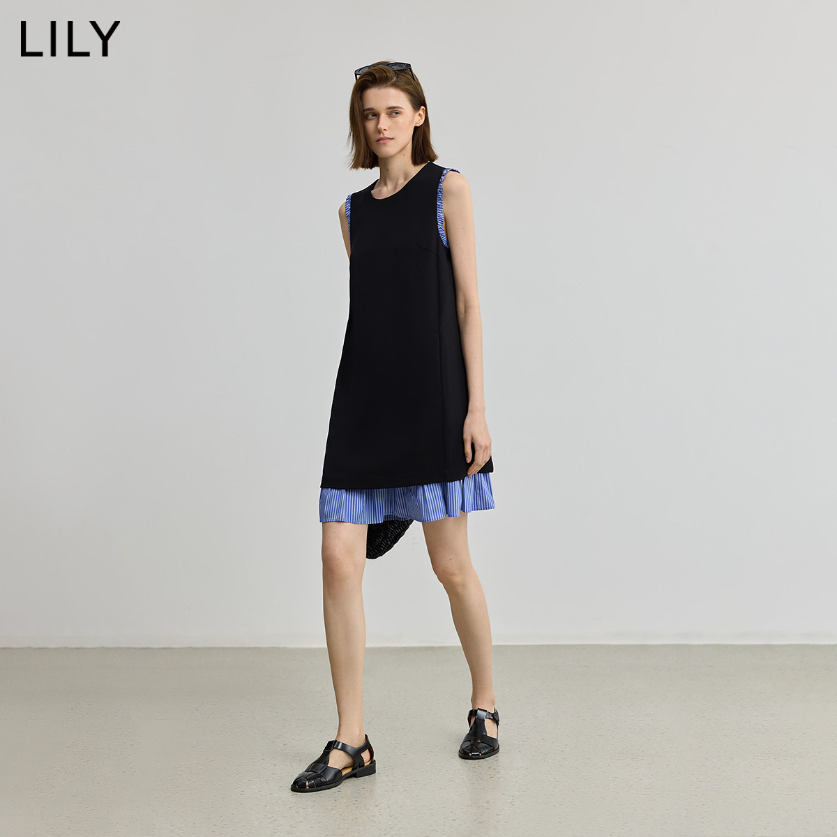 LILY2026新款女装法式气质通勤黑色A字背心裙拼接无袖连衣裙
