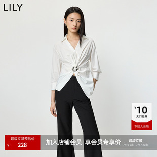 LILY2026夏新款设计感翻领简约休闲通勤收腰白色七分袖衬衫外套女