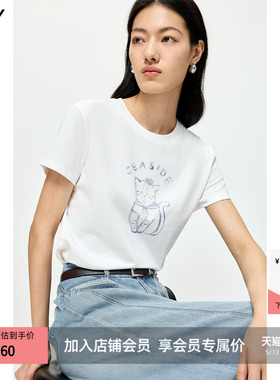 LILY2026夏新款简约撞色亮片小猫图案正肩休闲通勤白色短袖T恤女