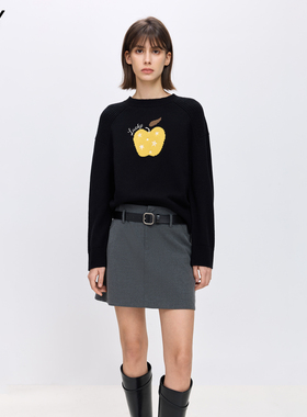 LILY2026春新款羊毛混纺刺绣撞色上衣黑色针织衫套头毛衣外套女