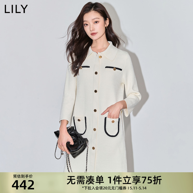 LILY2024春新款女装含绵羊毛复古小香风中长款针织连衣裙小个子女