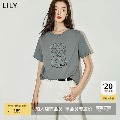 LILY通勤百搭小猫圆领复古短袖
