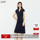 LILY2026夏新款女装含莱赛尔羊毛假两件条纹收腰藏青色短袖连衣裙
