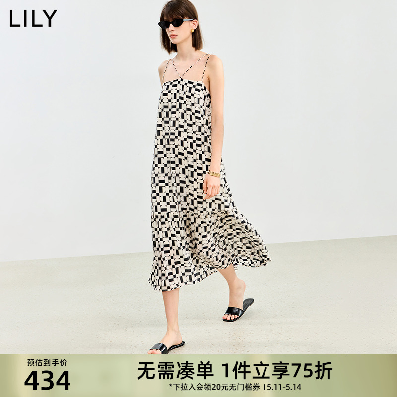 LILY2024夏季新品浪漫印花荷叶花边A摆不对称肩带设计吊带连衣裙