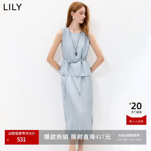 100%醋酸LILY2026夏新款法式假两件收腰气质通勤无袖圆领连衣裙女