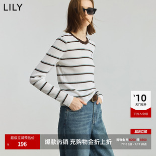 LILY2025新款女装羊毛混纺简约修身撞色条纹圆领通勤长袖针织衫