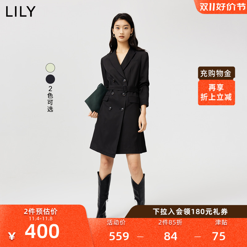 【商场同款】LILY新款女装气质纯色通勤款双排扣西装连衣裙