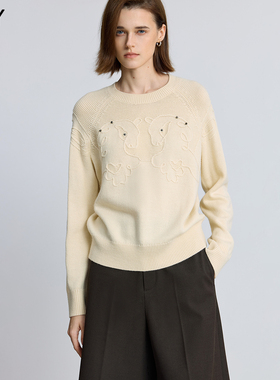 LILY2025冬新款女装羊毛混纺软糯生肖马亮钻链条绣加厚针织衫毛衣