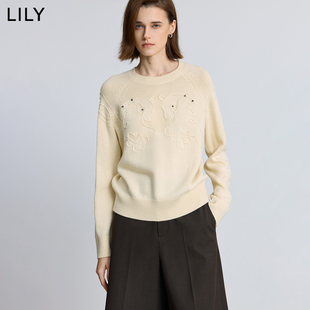 LILY2025冬新款女装羊毛混纺软糯生肖马亮钻链条绣加厚针织衫毛衣