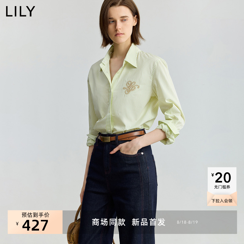 【商场同款】LILY2025秋新款纯棉条纹休闲通勤薄款长袖衬衫外套女