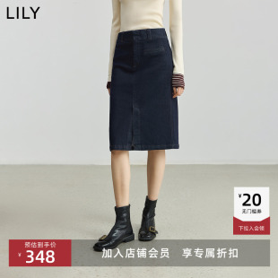 LILY2025秋新款 复古撞色弹力休闲气质通勤藏青色直筒牛仔裙中长裙