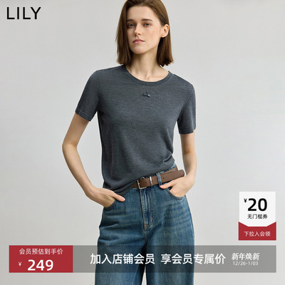 【商场同款】LILY2025秋新款含绵羊毛山羊绒休闲圆领短袖针织衫女