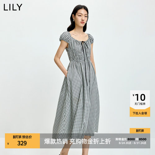 LILY通勤收腰格纹系带法式连衣裙