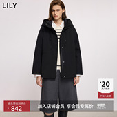 LILY2025冬新款 含羊毛90鸭绒连帽抽绳收腰黑色羽绒服外套女中长款