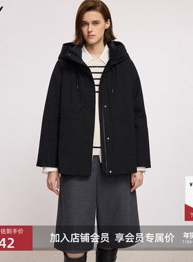 LILY2025冬新款含羊毛90鸭绒连帽抽绳收腰黑色羽绒服外套女中长款