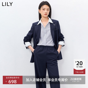 LILY2026春新款女装复古经典驳领休闲气质职业通勤藏青色西装外套