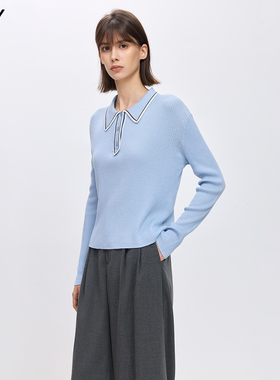 LILY2026春新款女装含羊毛撞色POLO领休闲气质通勤修身蓝色针织衫