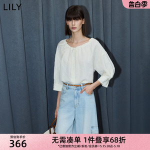 LILY2024夏新款女装设计感抽绳通勤宽松垂坠感肌理感五分袖白衬衫