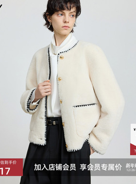 LILY2025冬新款女装法式撞色小香风休闲气质通勤白色毛绒外套短款