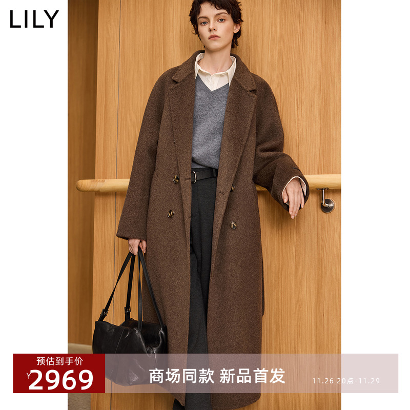 【商场同款】LILY2024冬新款女装绵羊毛极简风毛呢大衣外套女长款