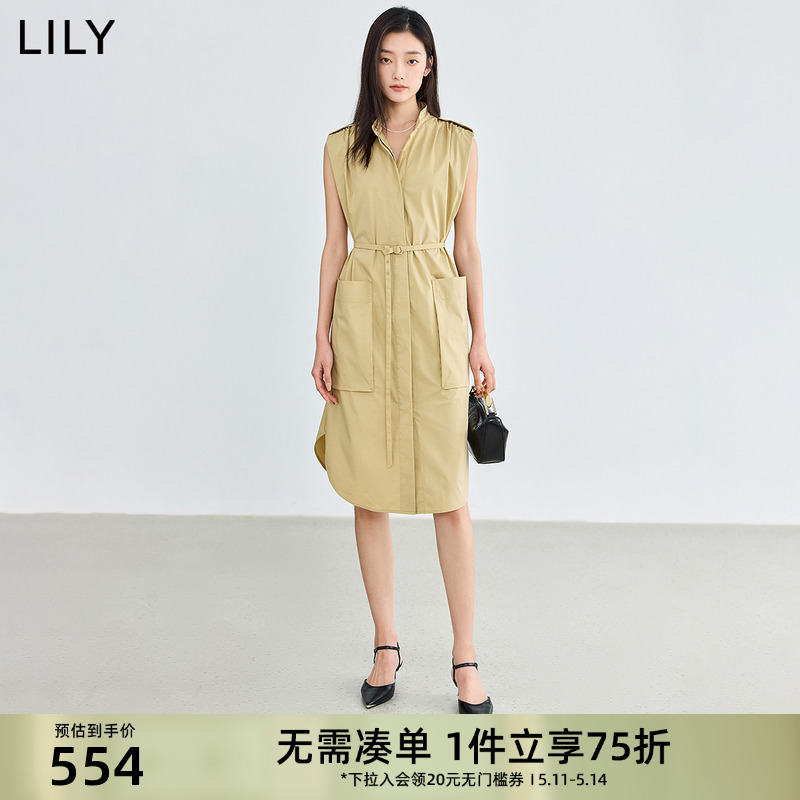 LILY2024夏季新品风衣式肩章收腰工装风腰带帅气无袖衬衫连衣裙