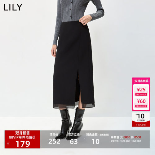 【天猫预售】LILY2026秋新款复古宽松高腰开叉黑色直筒半身长裙女