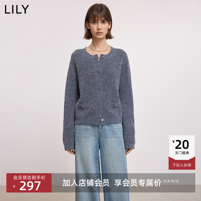 LILY小香风亮片法式圆领套头开衫