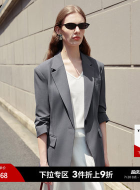 LILY2026夏新款复古经典竖条纹驳领七分袖修身收腰西装外套女西服