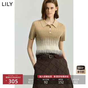 女 针织衫 LILY2025秋新款 设计感复古渐变撞色休闲POLO领长绒棉短袖