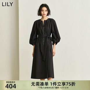 灯笼袖 LILY2024春新款 宽松圆领黑色气质连衣裙长款 女装 长裙小黑裙