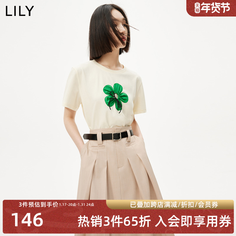 【凉感】LILY2023夏季新款女装立体抽绳花朵宽松短袖T恤上衣女