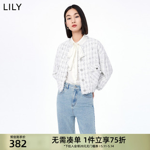 LILY女装 复古格纹别致流苏休闲通勤宽松短外套小个子女