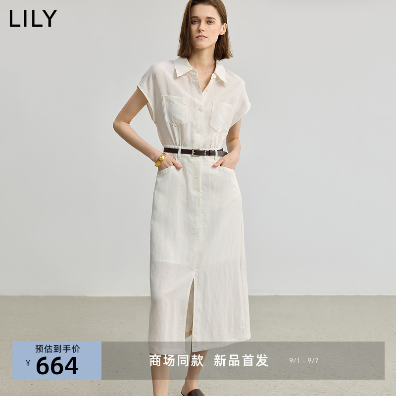 【商场同款】LILY2025夏新款莱赛尔亚麻混纺短袖休闲衬衫连衣裙女