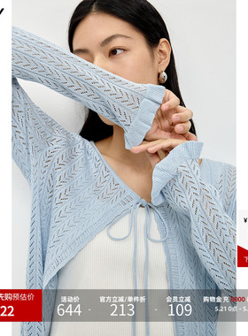 LILY2026夏新款女装莱赛尔亚麻混纺系带薄款蓝色长袖针织开衫罩衫