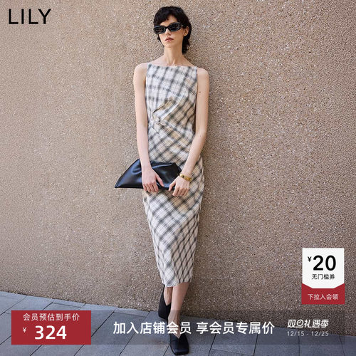 LILY法式格纹捏褶一字领连衣裙