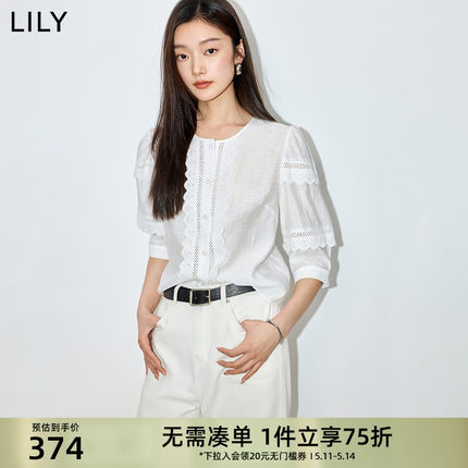 LILY2024夏新款女装优雅浪漫蕾丝宽松垂坠感泡泡袖七分袖白衬衫女